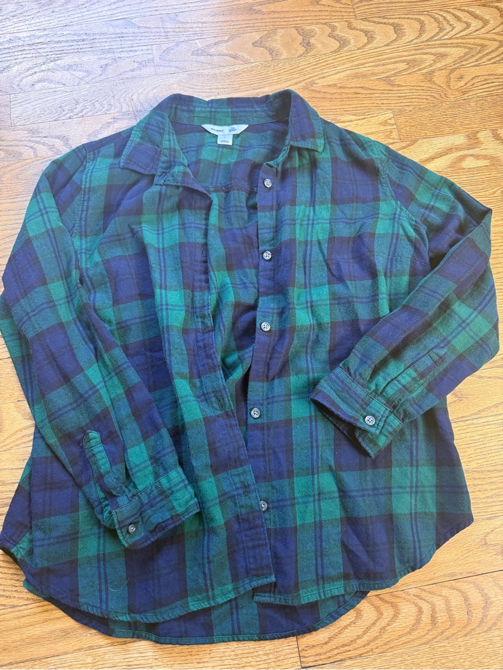 Old Navy Green and Navy Plaid Flannel Button-Down Shirt
